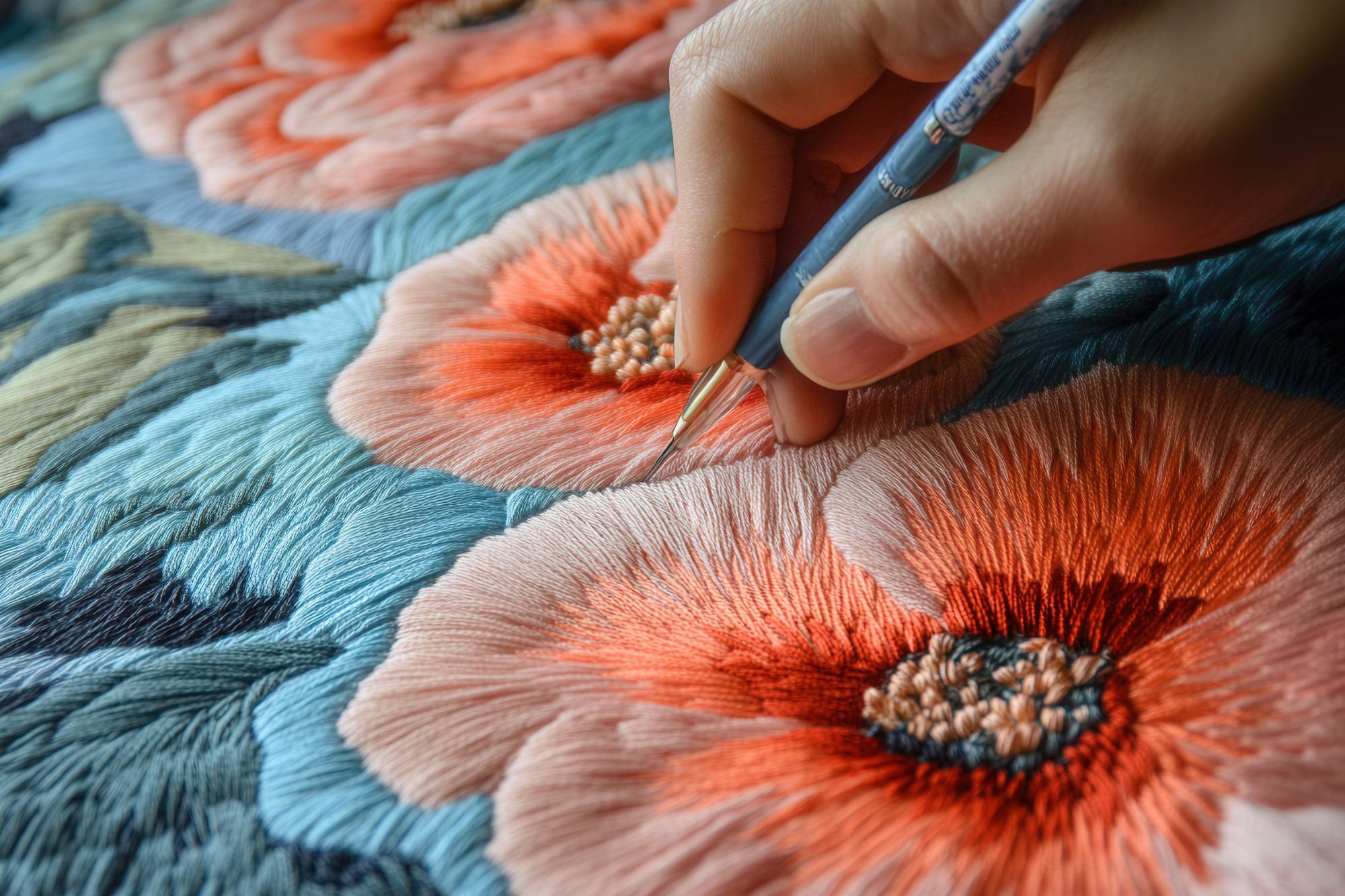 Mano che ricama un fiore su tessuto naturale